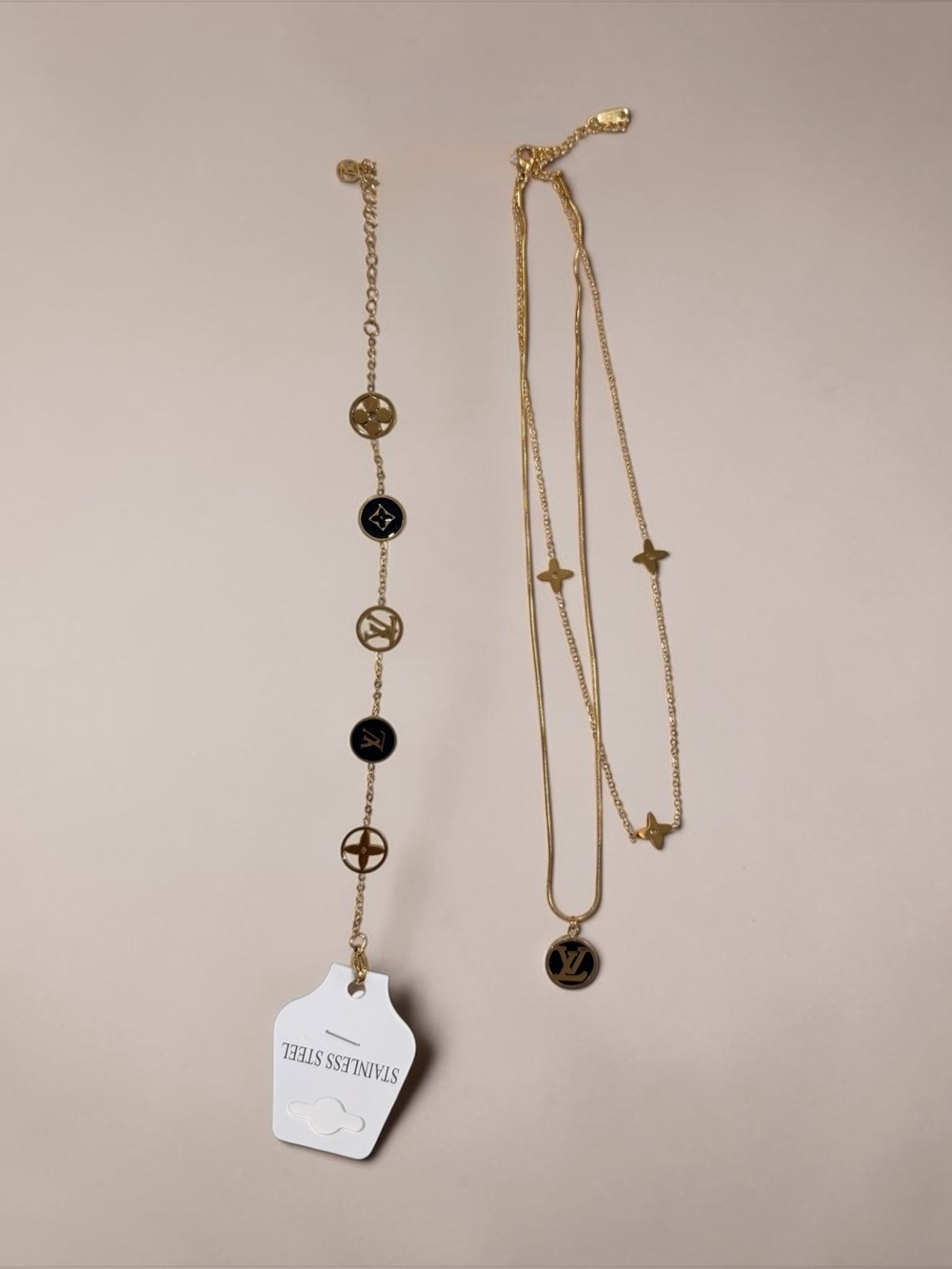 Gold and Black Pendant Necklace & Bracelet Set - stainless steel Fashion Jewelry